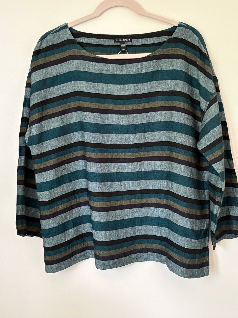 Eileen Fisher Teal, Light Blue & Olive Striped Boxy Top